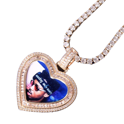 Heart Baguette Custom Photo Pendant Necklace – Iced Out Hip Hop Picture Jewelry for Men and Women