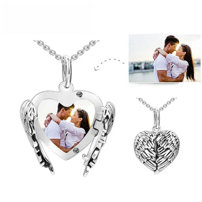 S925 Sterling Silver Angel Wings Necklace | Custom Photo Memory Pendant | Caratix
