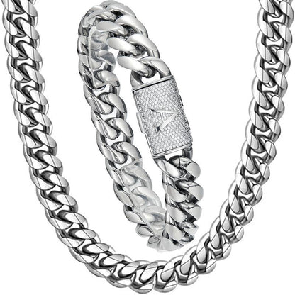 CARÁTIX - Hip Hop Bling Iced Out Letters Button Stainless Steel 14mm Round Cuban Miami Link Chain Necklace for Men Rapper Jewelry Black Valentine's Day Gift for Men & Girls & Boys Mothers' Day Gift #Springtok