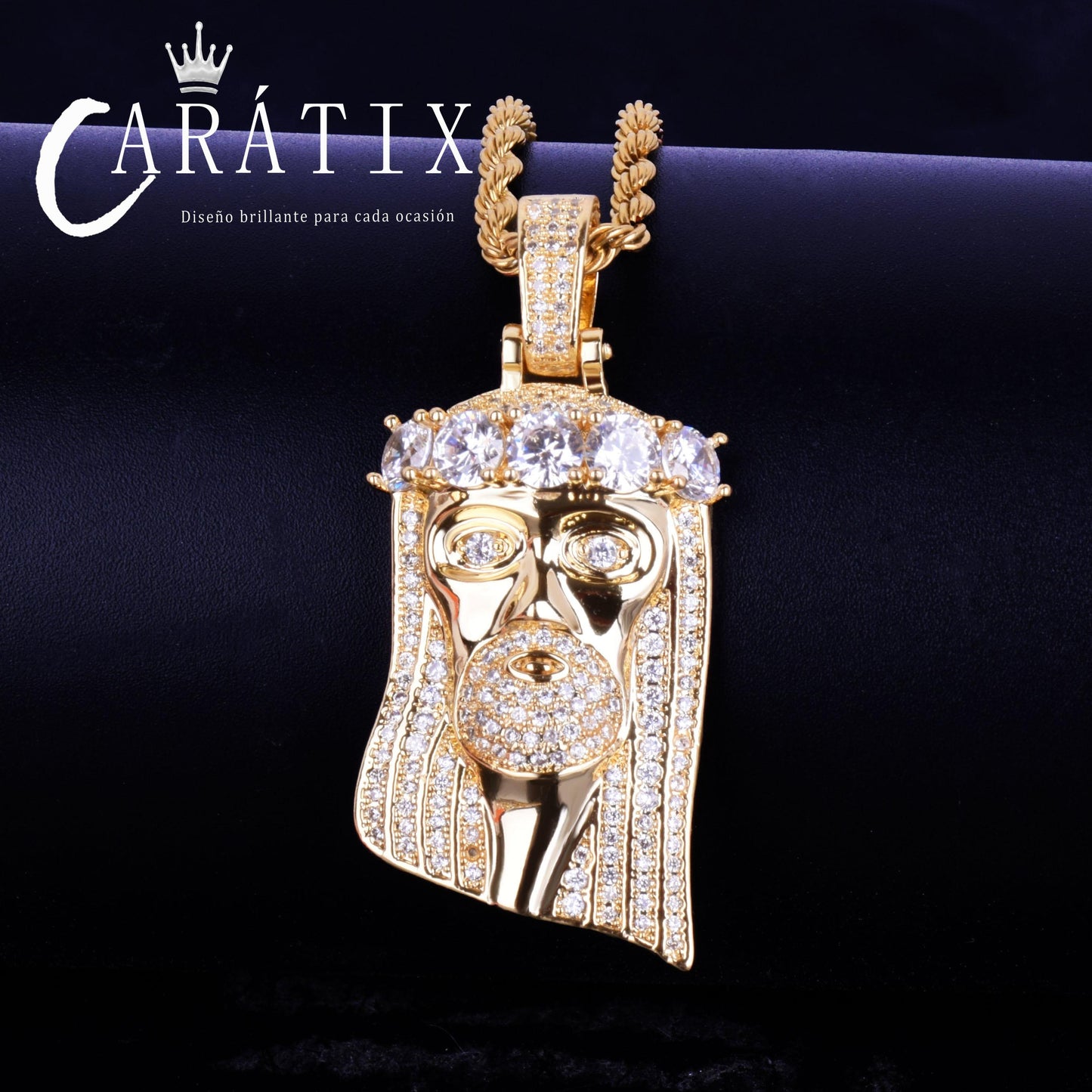 CARÁTIX - Bubble Letter Iced Out Religious Jesus Head Pendant Necklace Golden Color Bling Cubic Zircon Men's Hip Hop Jewelry For Gift Valentine's Day Gift for Men & Girls & Boys Mothers' Day Gift #Springtok
