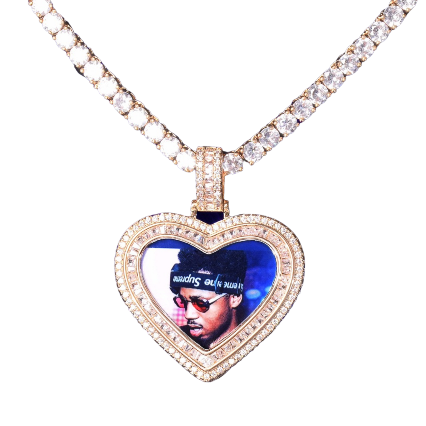 Heart Baguette Custom Photo Pendant Necklace – Iced Out Hip Hop Picture Jewelry for Men and Women