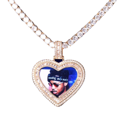 Heart Baguette Custom Photo Pendant Necklace – Iced Out Hip Hop Picture Jewelry for Men and Women