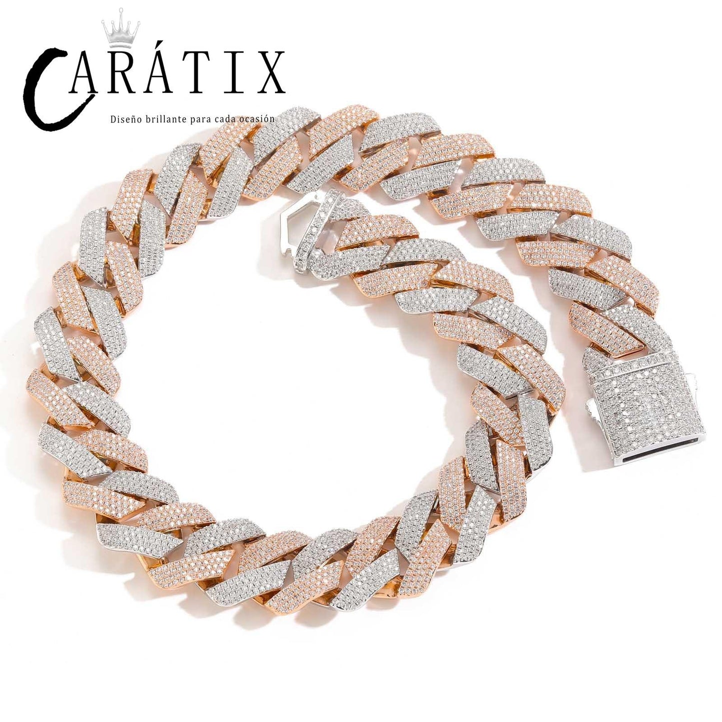 CARÁTIX 22mm Rhombus 4-Row Cuban Link Chain Necklace – Pink & White CZ Iced Out Hip Hop Bling Jewelry for Men | Custom Design