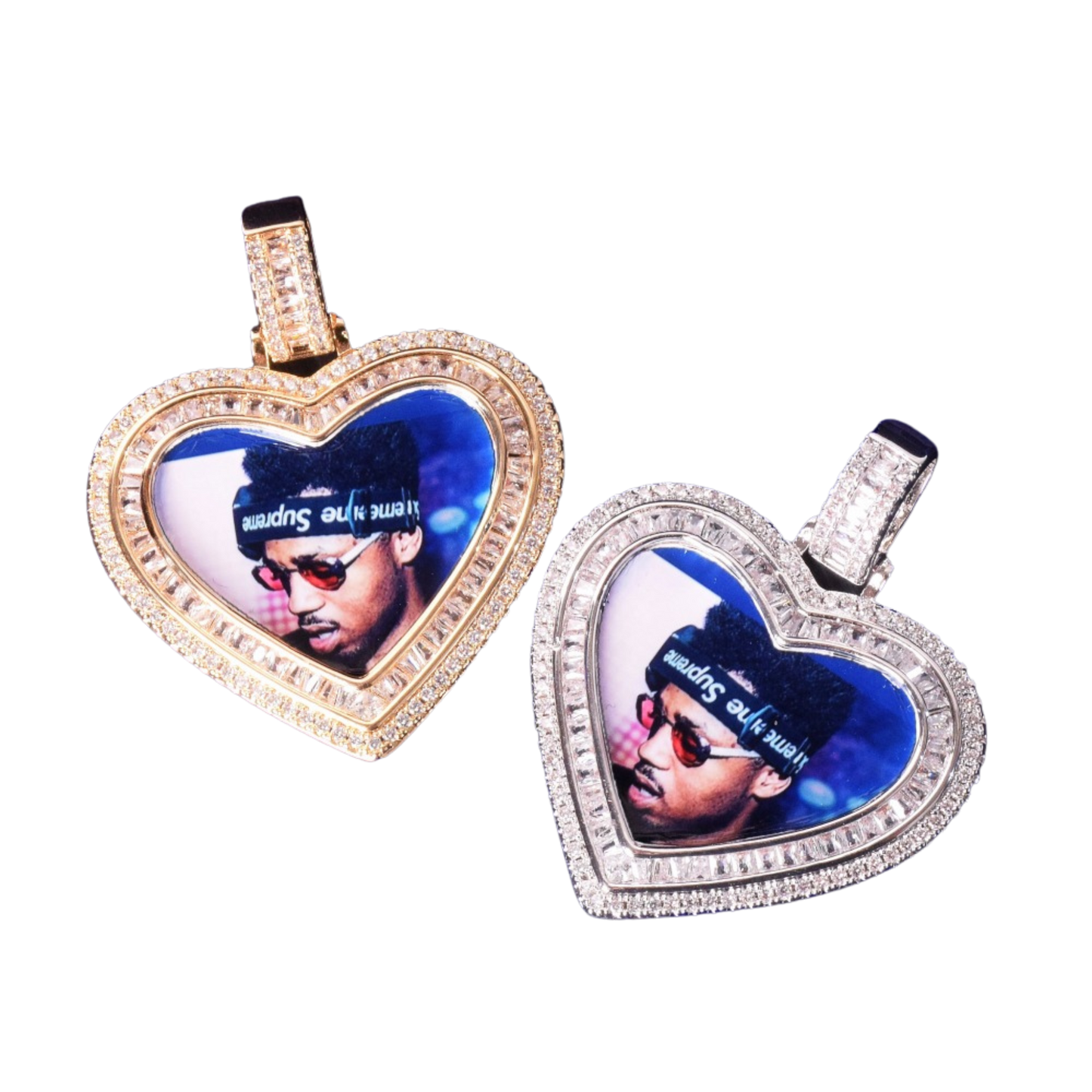 Heart Baguette Custom Photo Pendant Necklace – Iced Out Hip Hop Picture Jewelry for Men and Women