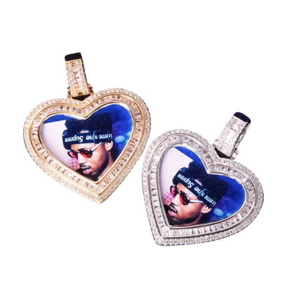 Heart Baguette Custom Photo Pendant Necklace – Iced Out Hip Hop Picture Jewelry for Men and Women