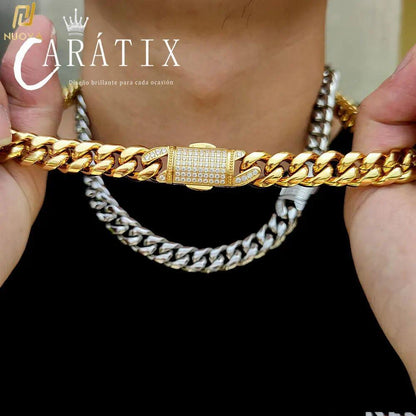 CARÁTIX Stainless Steel Cuban Link Chain Necklace – Golden Clasp Hip Hop Jewelry for Men & Women