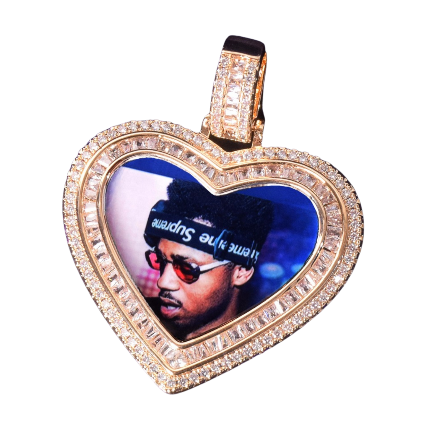 Heart Baguette Custom Photo Pendant Necklace – Iced Out Hip Hop Picture Jewelry for Men and Women