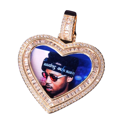 Heart Baguette Custom Photo Pendant Necklace – Iced Out Hip Hop Picture Jewelry for Men and Women