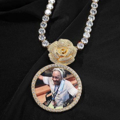 6.8CM Large Round Custom Photo Pendant Necklace For Women Men Micro Paved CZ Rose Bail DIY Picture Memory Jewelry - CaratixJewelry