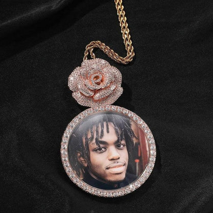 6.8CM Large Round Custom Photo Pendant Necklace For Women Men Micro Paved CZ Rose Bail DIY Picture Memory Jewelry - CaratixJewelry