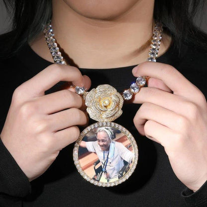 6.8CM Large Round Custom Photo Pendant Necklace For Women Men Micro Paved CZ Rose Bail DIY Picture Memory Jewelry - CaratixJewelry