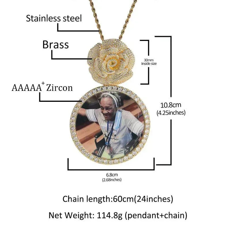 6.8CM Large Round Custom Photo Pendant Necklace For Women Men Micro Paved CZ Rose Bail DIY Picture Memory Jewelry - CaratixJewelry