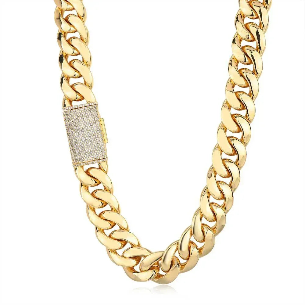 CARÁTIX 12mm/22mm Lock Miami Cuban Link Chain Necklace – 5A CZ Iced Out Hip Hop Bling Jewelry for Men | Brass Thick Design - CaratixJewelry