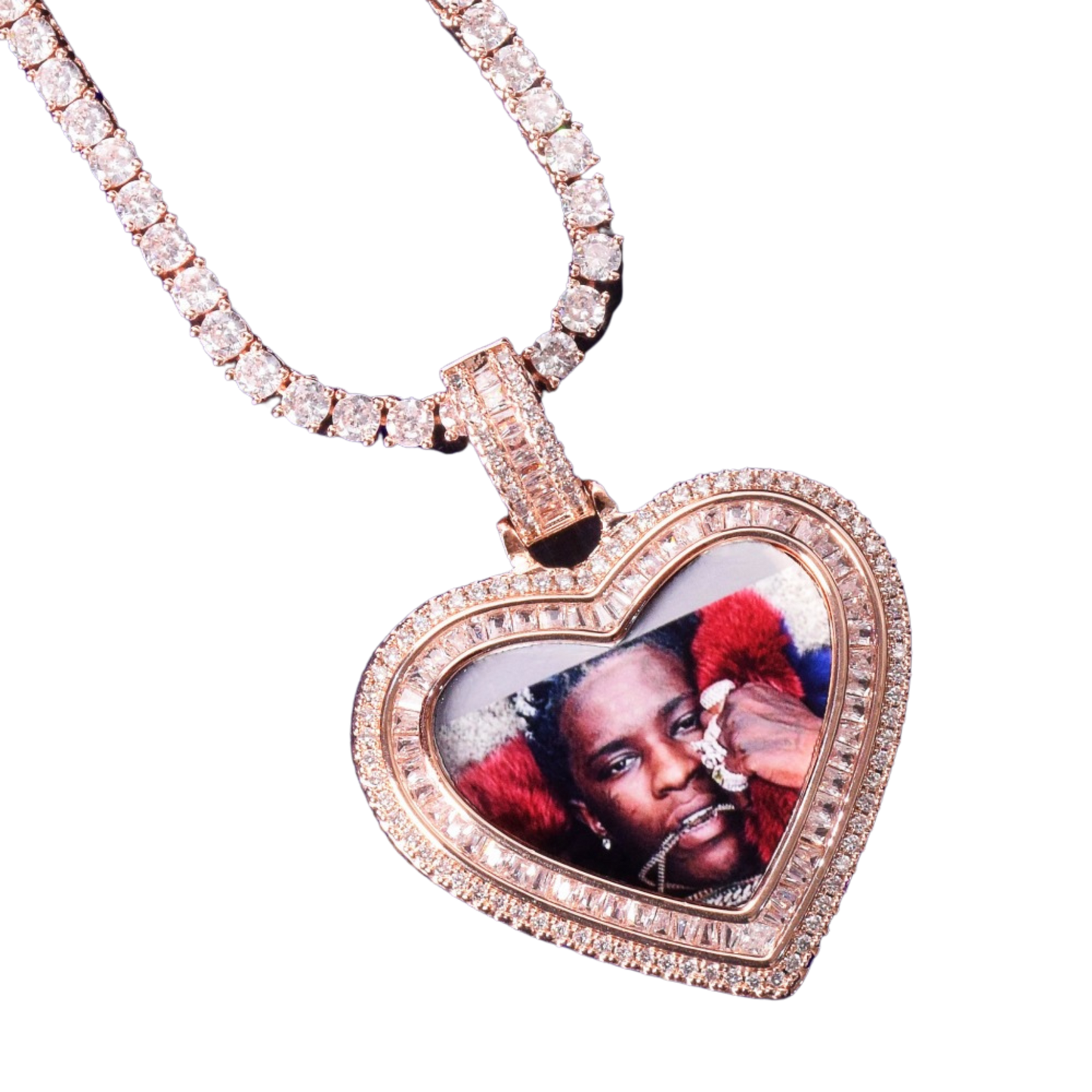 Heart Baguette Custom Photo Pendant Necklace – Iced Out Hip Hop Picture Jewelry for Men and Women