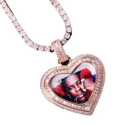 Heart Baguette Custom Photo Pendant Necklace – Iced Out Hip Hop Picture Jewelry for Men and Women