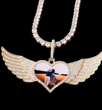 Long Wings Heart Custom Photo Pendant Necklace – Personalized Iced Out Picture Jewelry for Men and Women