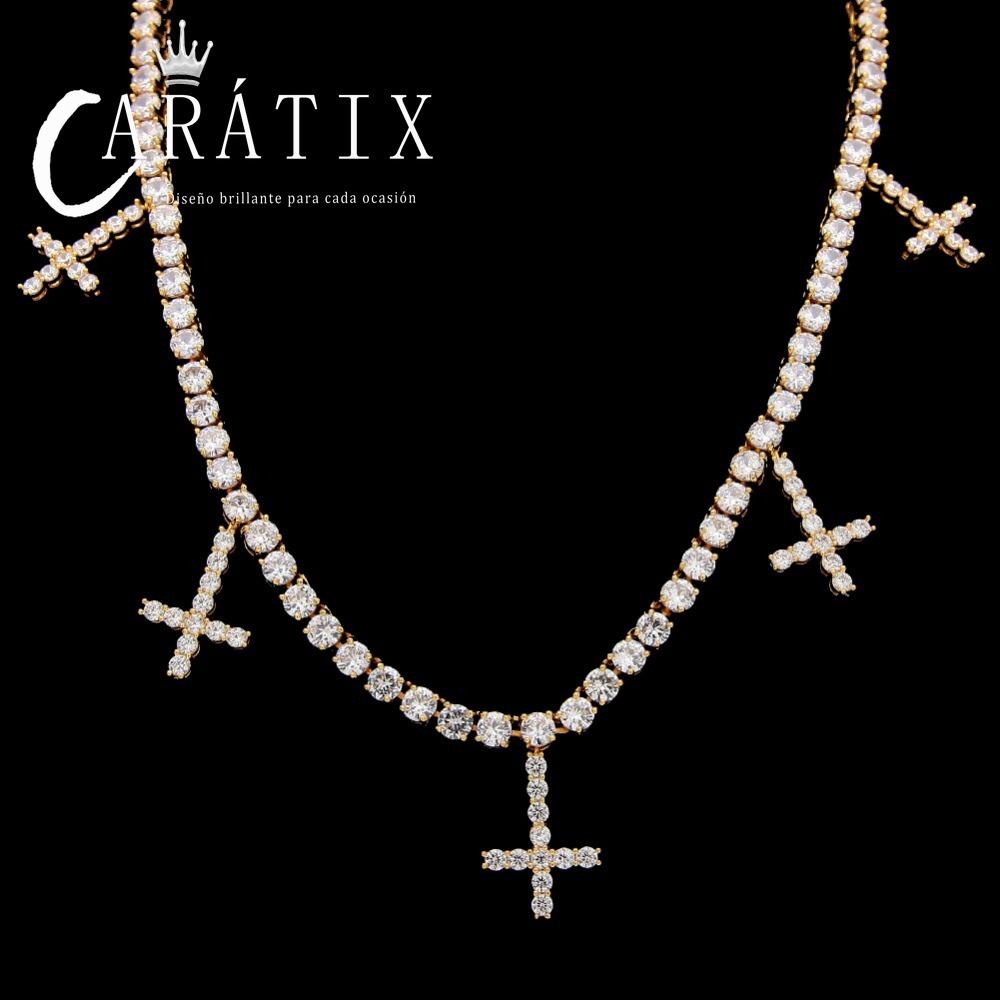 CARÁTIX Hip Hop Iced Out 1-Row CZ Tennis Chain Necklace with 5 CZ Cross Pendants – Luxury Jewelry for Men & Women