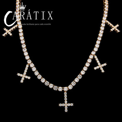 CARÁTIX Hip Hop Iced Out 1-Row CZ Tennis Chain Necklace with 5 CZ Cross Pendants – Luxury Jewelry for Men & Women
