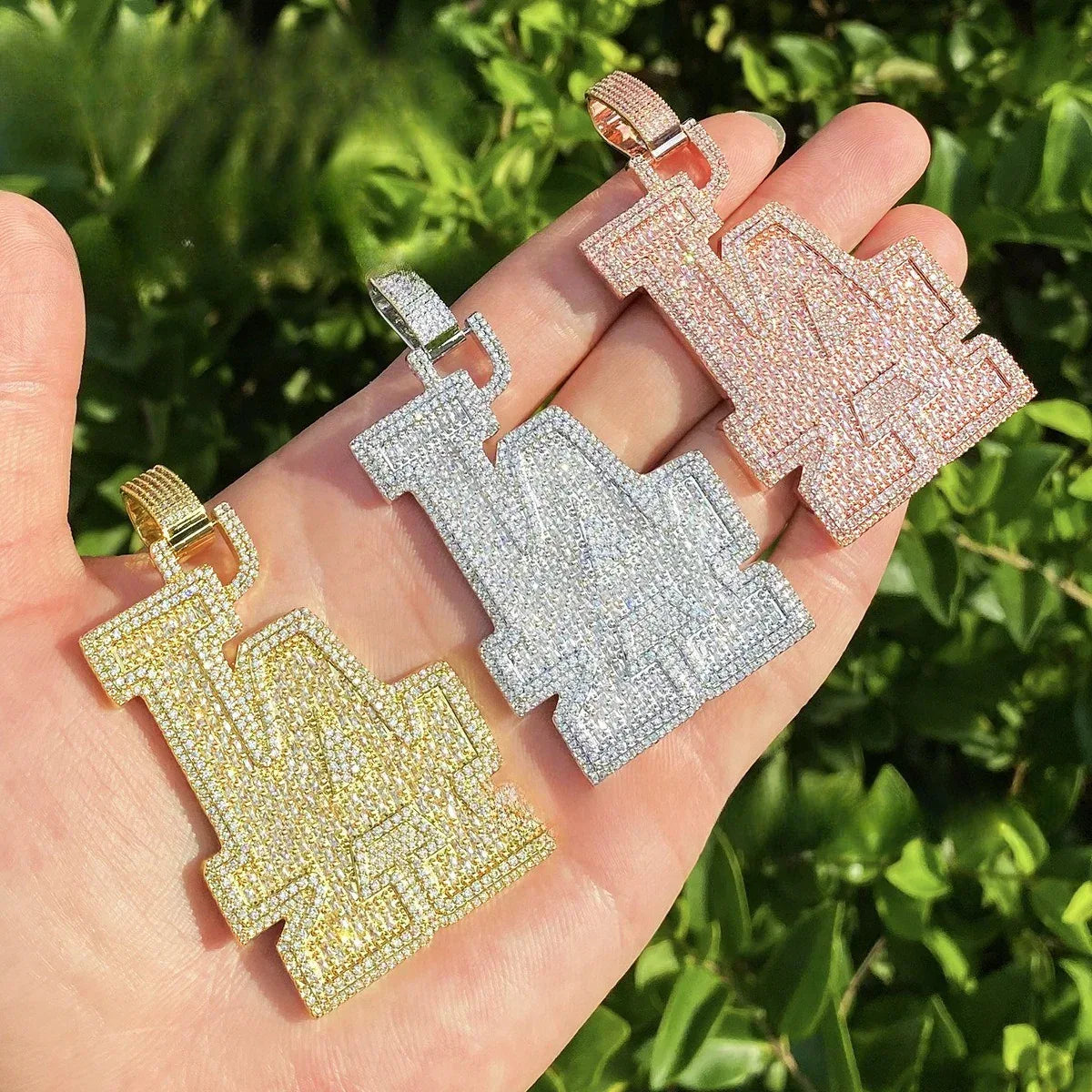 Iced Out Spliced "LA" Letter Pendant | Unisex Real Copper CZ Necklace - CaratixJewelry