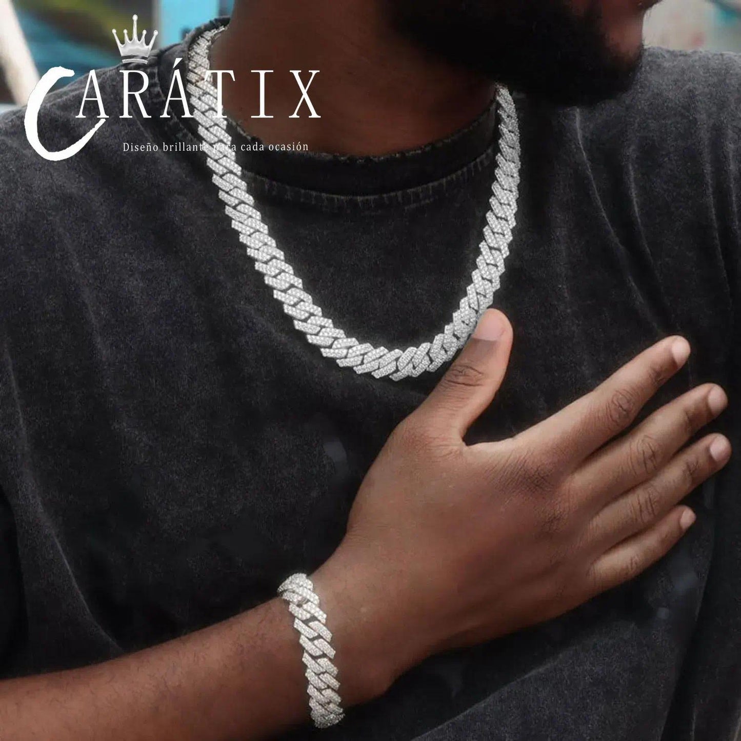 CARÁTIX 14mm 2-Row Prong Cuban Link Chain Necklace – Cubic Zirconia Iced Out Hip Hop Bling Jewelry for Men | White Miami Style