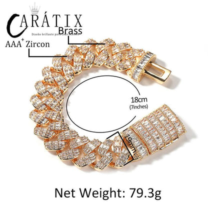 CARÁTIX 19mm Square Rhombus Cuban Link Chain Bracelet – 3A+ CZ Iced Out Hip Hop Bling Jewelry for Men | Solid Rapper Gift