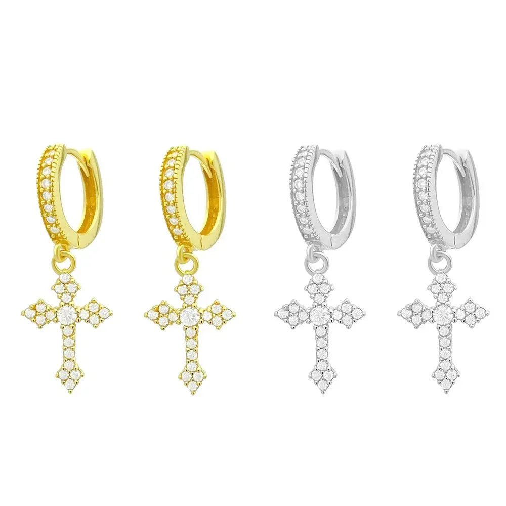 S925 Silver Cross Design Moissanite Hoop Stud Earrings Unisex - CaratixJewelry