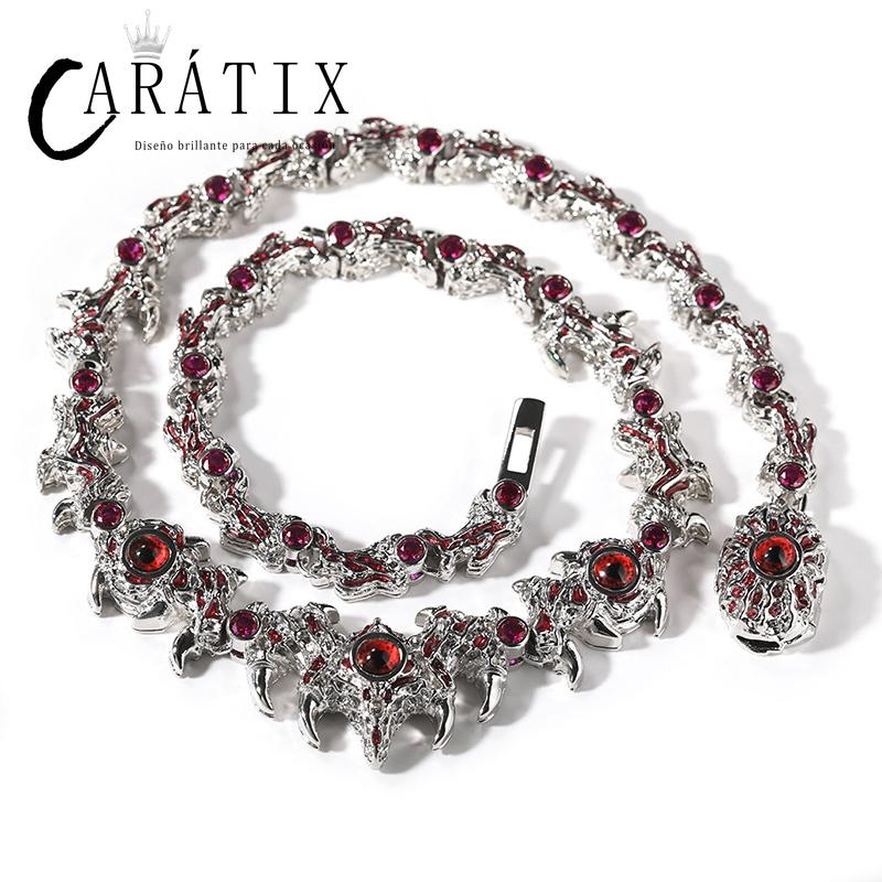 CARÁTIX Red Stone Eyes Thorns Link Chain Necklace – 5A+ CZ Iced Out Hip Hop Bling Jewelry for Men & Women | Rapper Gift