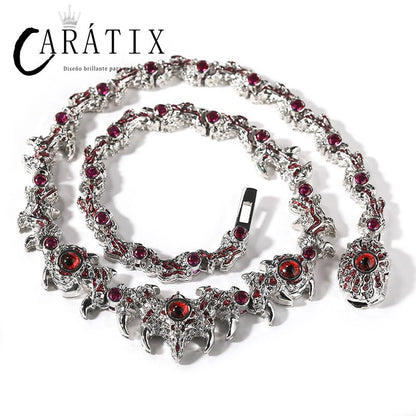 CARÁTIX Red Stone Eyes Thorns Link Chain Necklace – 5A+ CZ Iced Out Hip Hop Bling Jewelry for Men & Women | Rapper Gift