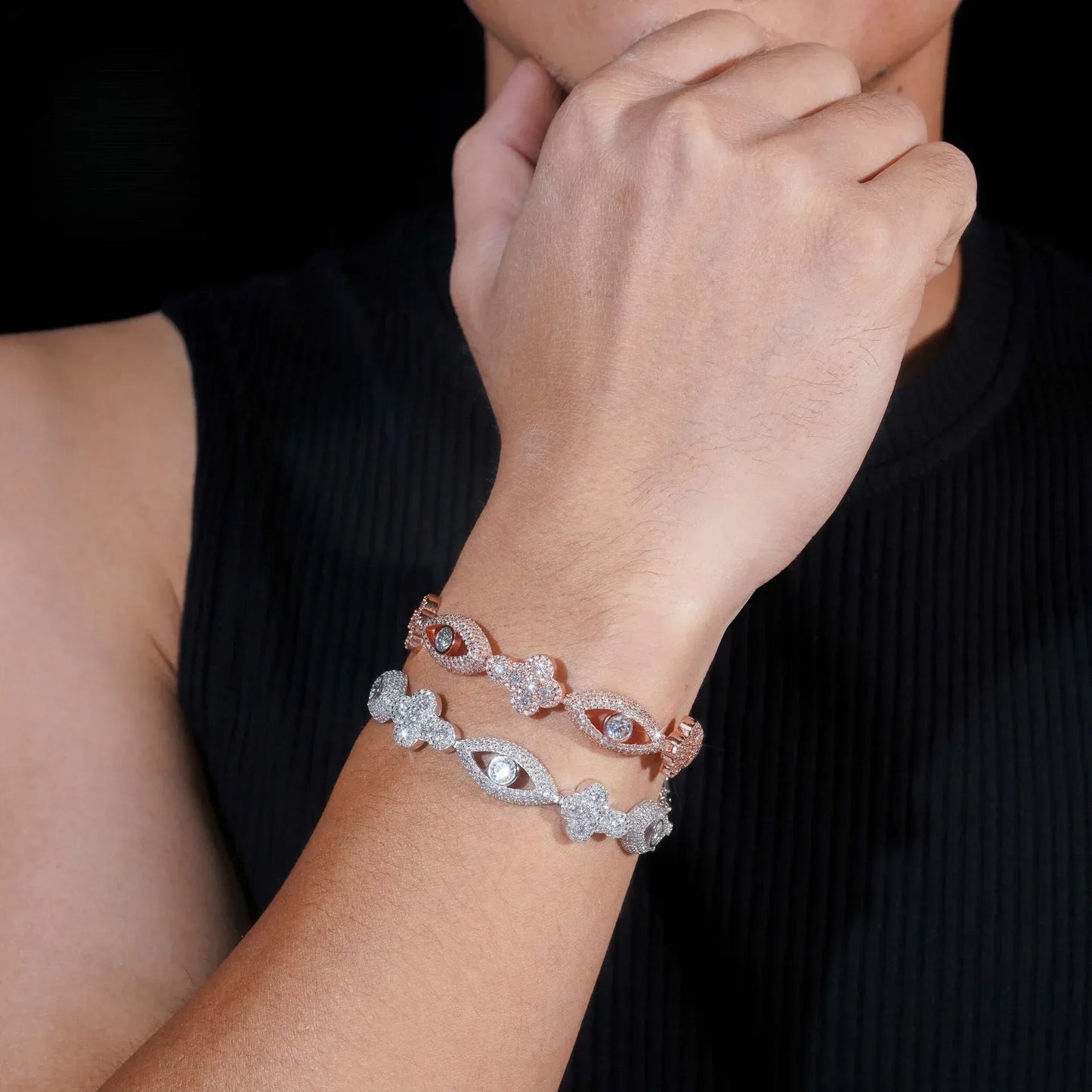 Moissanite Eye & Cross Cuban Link Bracelet – S925 Sterling Silver Iced-Out Hip Hop Streetwear Jewelry - CaratixJewelry