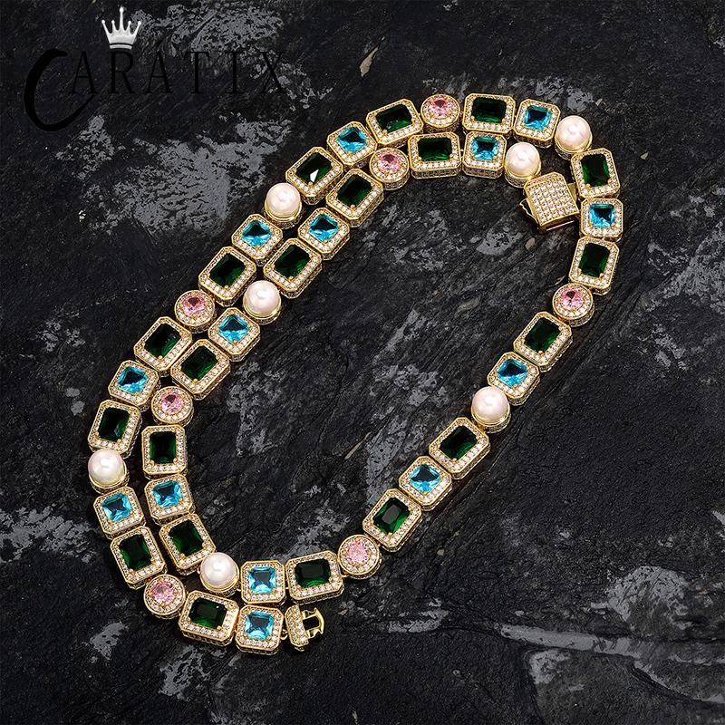 CARÁTIX - 10mm Wide Hip Hop Bling Iced Out Pearl and CZ Stone Paved Tennis Link Chain Cubic Zirconia Chokers Necklaces Men Jewelry Valentine's Day Gift for Men & Girls & Boys Mothers' Day Gift #Springtok
