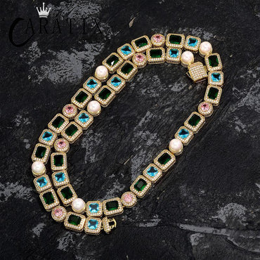 CARÁTIX - 10mm Wide Hip Hop Bling Iced Out Pearl and CZ Stone Paved Tennis Link Chain Cubic Zirconia Chokers Necklaces Men Jewelry Valentine's Day Gift for Men & Girls & Boys Mothers' Day Gift #Springtok