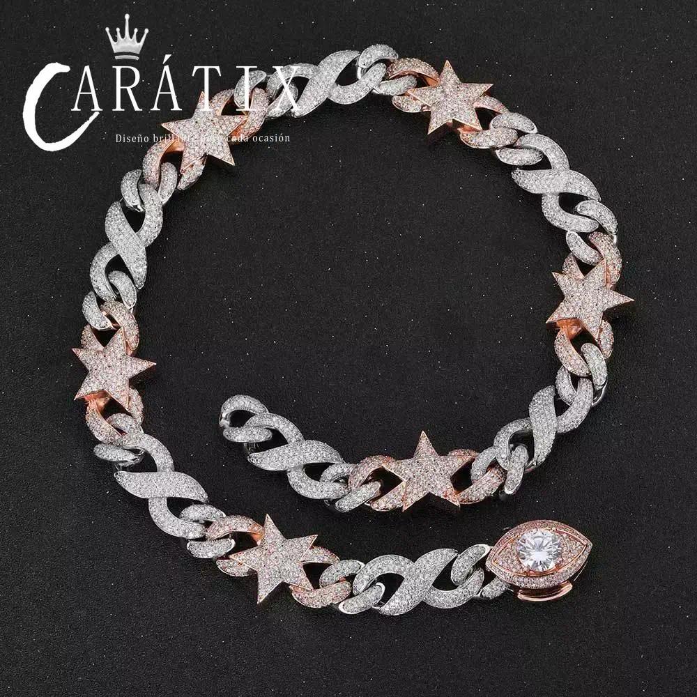 CARÁTIX Two-Tone Pink & Silver Star Cuban Link Chain Necklace – Eye Clasp Iced Out Hip Hop Luxury Choker Jewelry | Party Gift