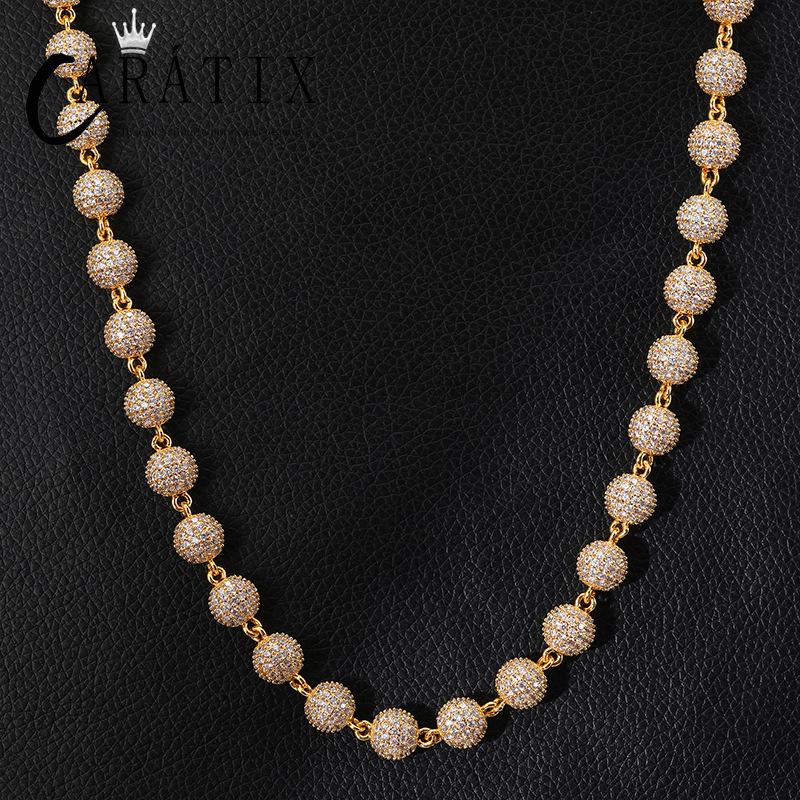 CARÁTIX 10mm Beads Link Chain Necklace – Full CZ Iced Out Hip Hop Bling Jewelry for Men & Women | Rapper Choker Gift