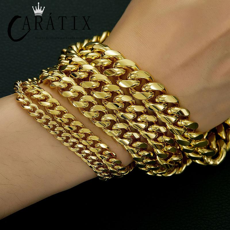 CARÁTIX Gold Stainless Steel Cuban Link Chain Necklace – CZ Iced Out Hip Hop Bling Jewelry for Men | Box Lock Rapper Gift