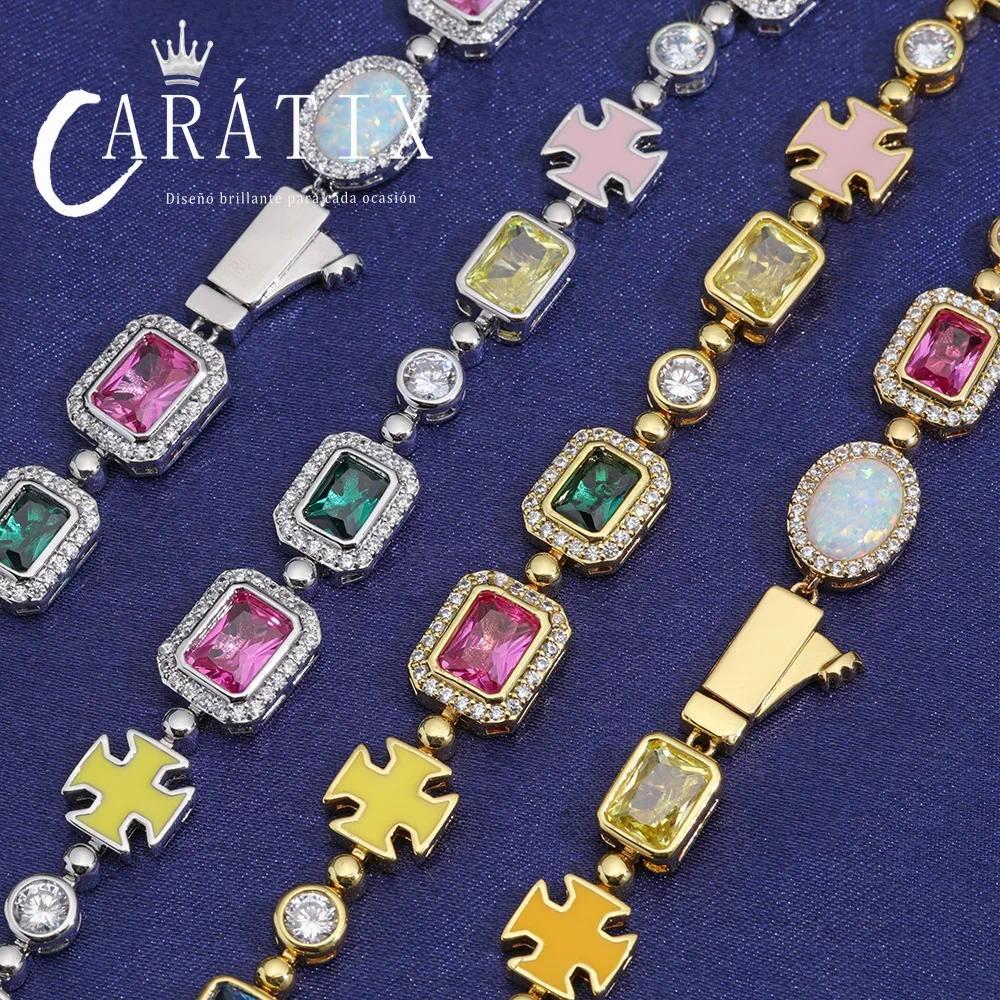 CARÁTIX -  10mm Custom Multi Color Enamel Bling Cz Stone Chain Silver Geometric Gemstone Motif  Chain Necklace Valentine's Day Gift for Men & Girls & Boys Mothers' Day Gift #Springtok