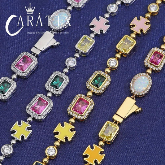 CARÁTIX -  10mm Custom Multi Color Enamel Bling Cz Stone Chain Silver Geometric Gemstone Motif  Chain Necklace Valentine's Day Gift for Men & Girls & Boys Mothers' Day Gift #Springtok