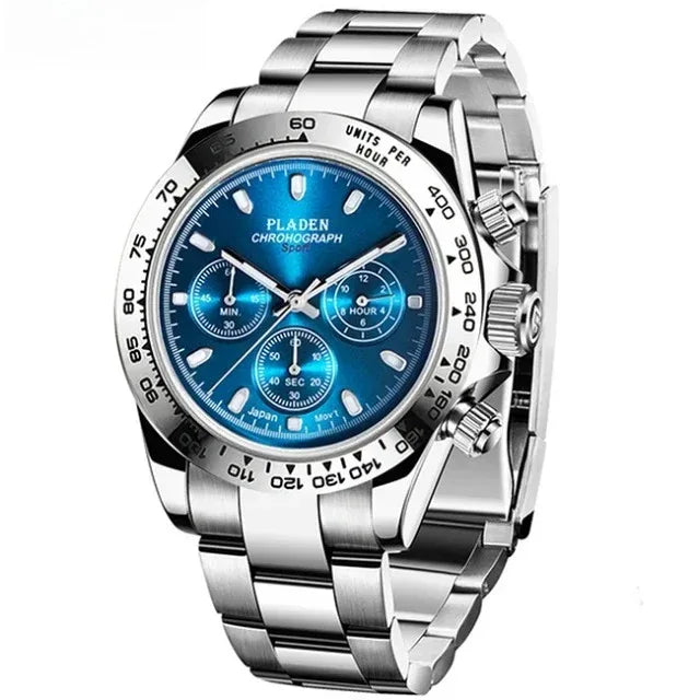 Luxury Three-Eye Men's Watch | Blue Dial Full Stainless Steel Iced Out Watch | Multifunctional Waterproof Quartz Clock | Caratix - CaratixJewelry