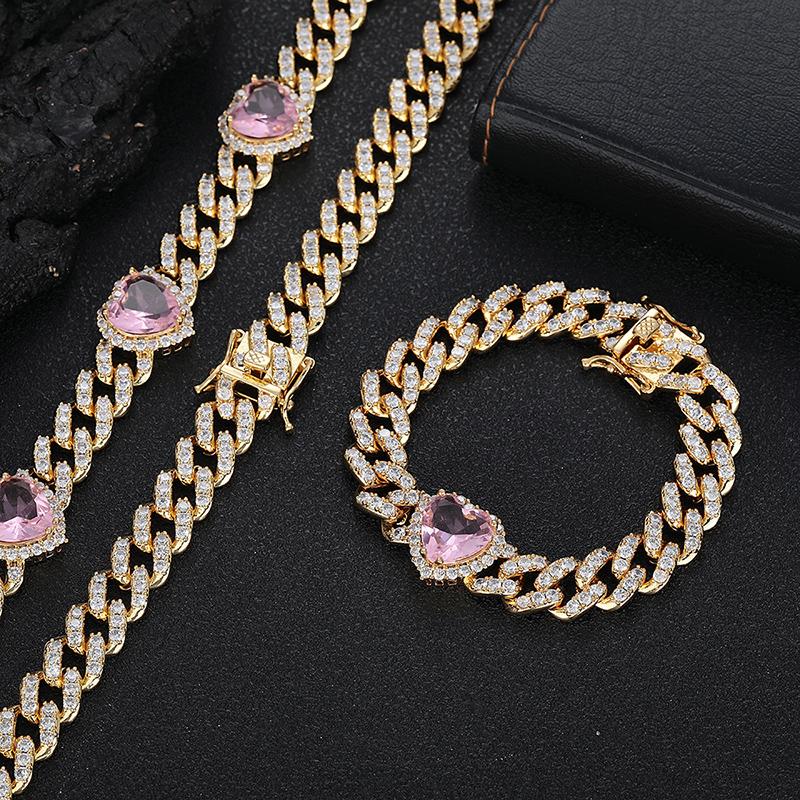 CARÁTIX 7"-24" Pink Hearts Link Chain Necklace – 5A+ CZ Iced Out Hip Hop Bling Jewelry for Men & Women | Unisex Rapper Gift