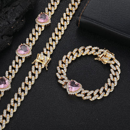 CARÁTIX 7"-24" Pink Hearts Link Chain Necklace – 5A+ CZ Iced Out Hip Hop Bling Jewelry for Men & Women | Unisex Rapper Gift
