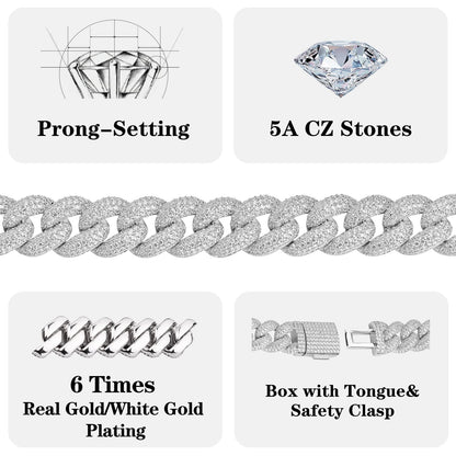 CARÁTIX - 14mm  Miami Cuban Chunky Link Chain Box Clasp Bling Cubic Zirconia Necklace for Her chain with large link Valentine's Day Gift for Men & Girls & Boys Mothers' Day Gift #Springtok