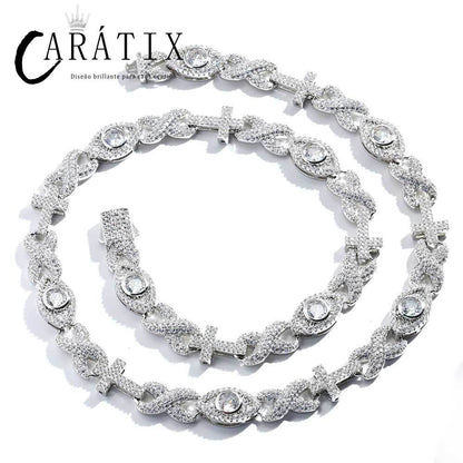 CARÁTIX Luxury Full Pave Zircon Eye & Cross Infinity Link Chain Necklace – Hip Hop Jewelry for Women & Men