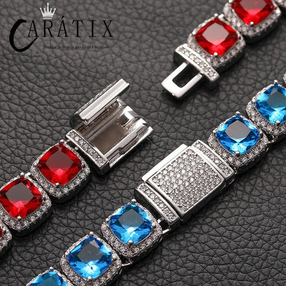 CARÁTIX Blue & Red CZ Tennis Chain | 10mm Iced Out Square Hip Hop Necklace for Men & Women