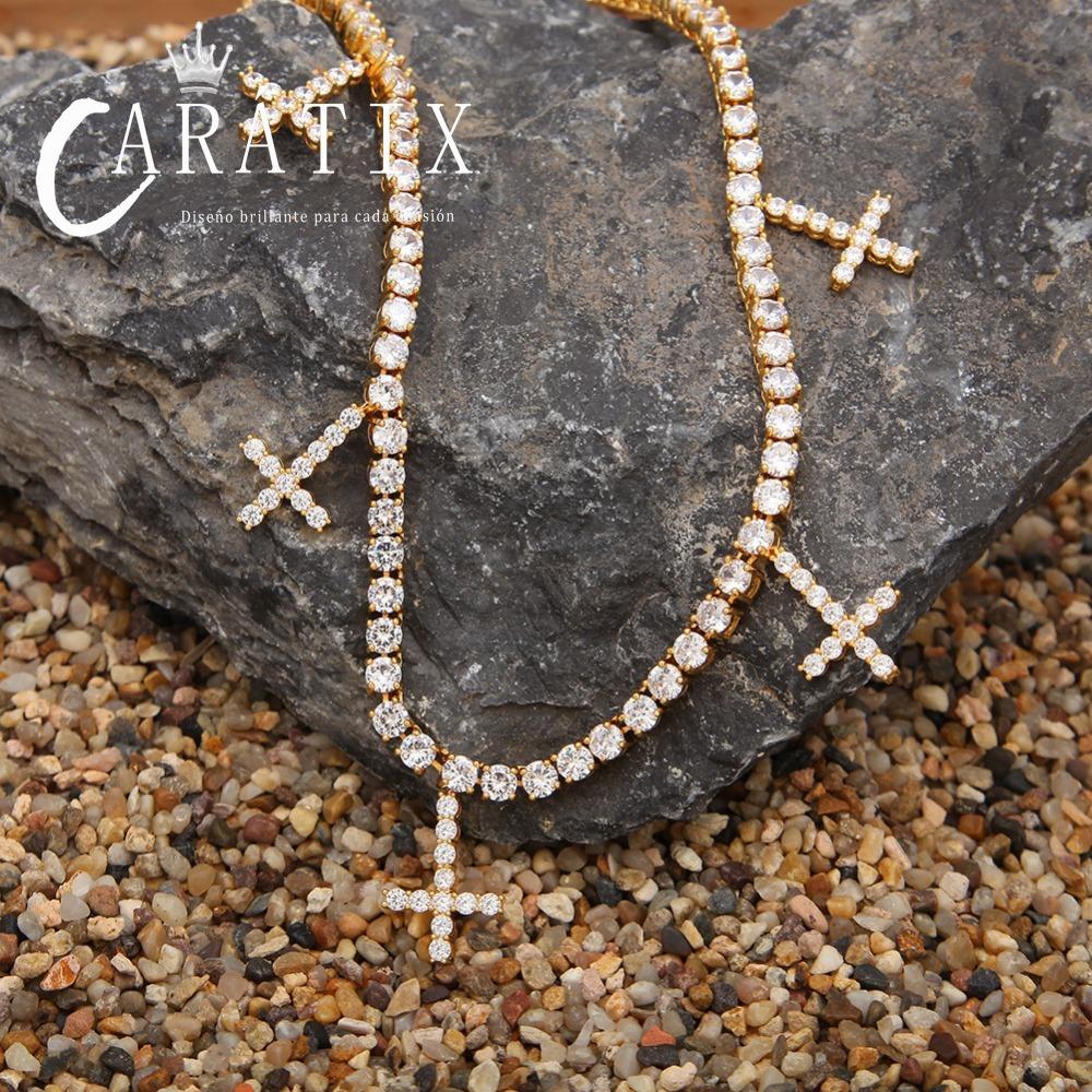 CARÁTIX Hip Hop Iced Out 1-Row CZ Tennis Chain Necklace with 5 CZ Cross Pendants – Luxury Jewelry for Men & Women