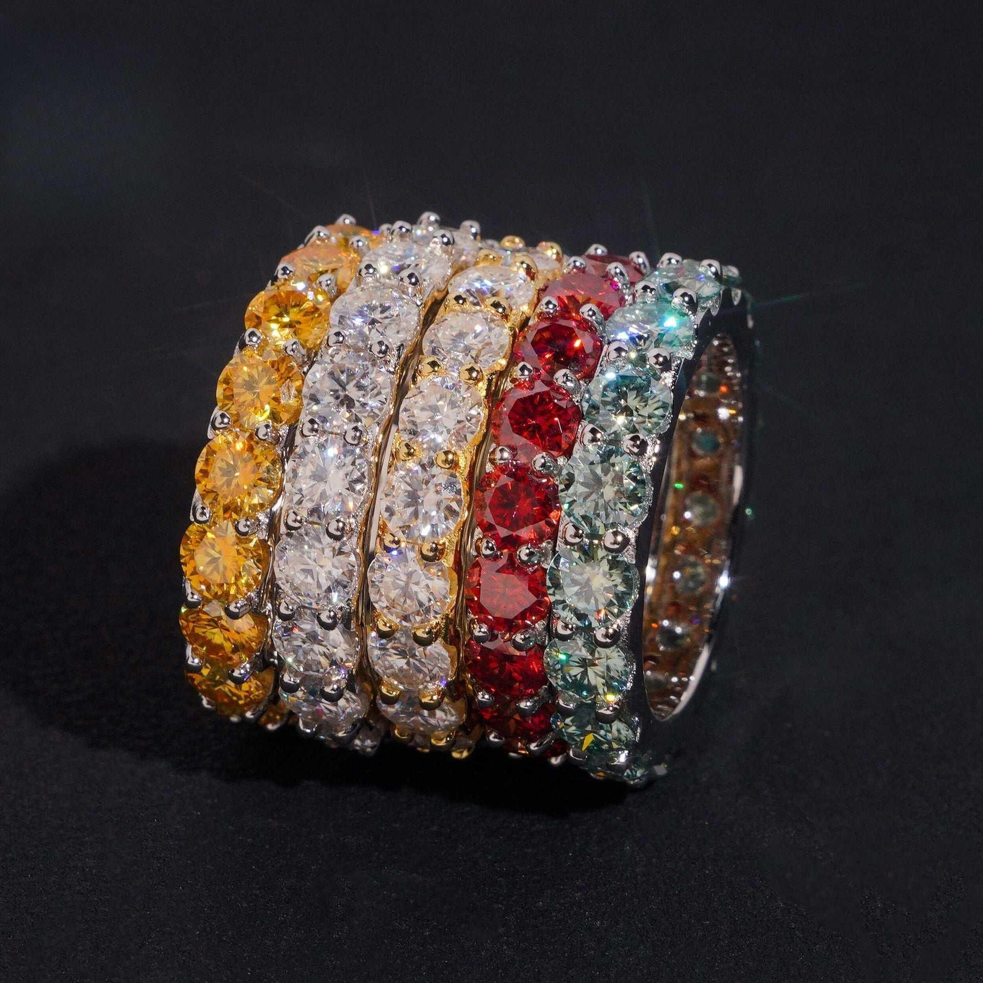 4mm Colored Moissanite Band Ring | S925 Silver Unisex Iced Out Hip Hop Jewelry - CaratixJewelry