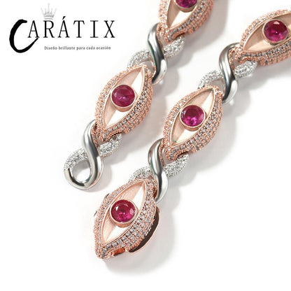 CARÁTIX Red Eyes Infinity Cuban Link Chain Necklace – 5A+ CZ Iced Out Hip Hop Bling Jewelry for Men | Rose & Silver Rapper Gift