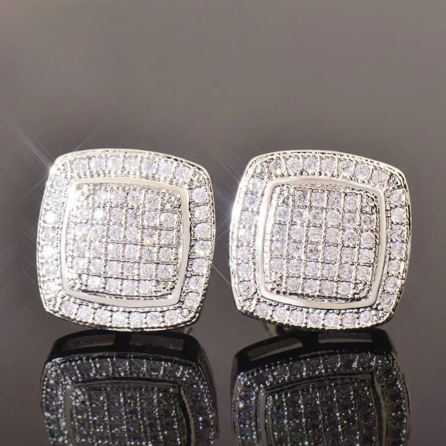 925 Sterling Silver Double Layer Square Stud Earrings with Zircon | Hip Hop Fashion Jewelry | Caratix Jewelry - CaratixJewelry