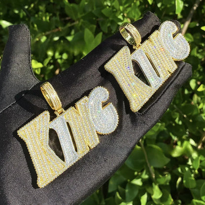 Iced Out "KING" Letter Pendant with Crown | Men's Real Copper CZ Necklace - CaratixJewelry