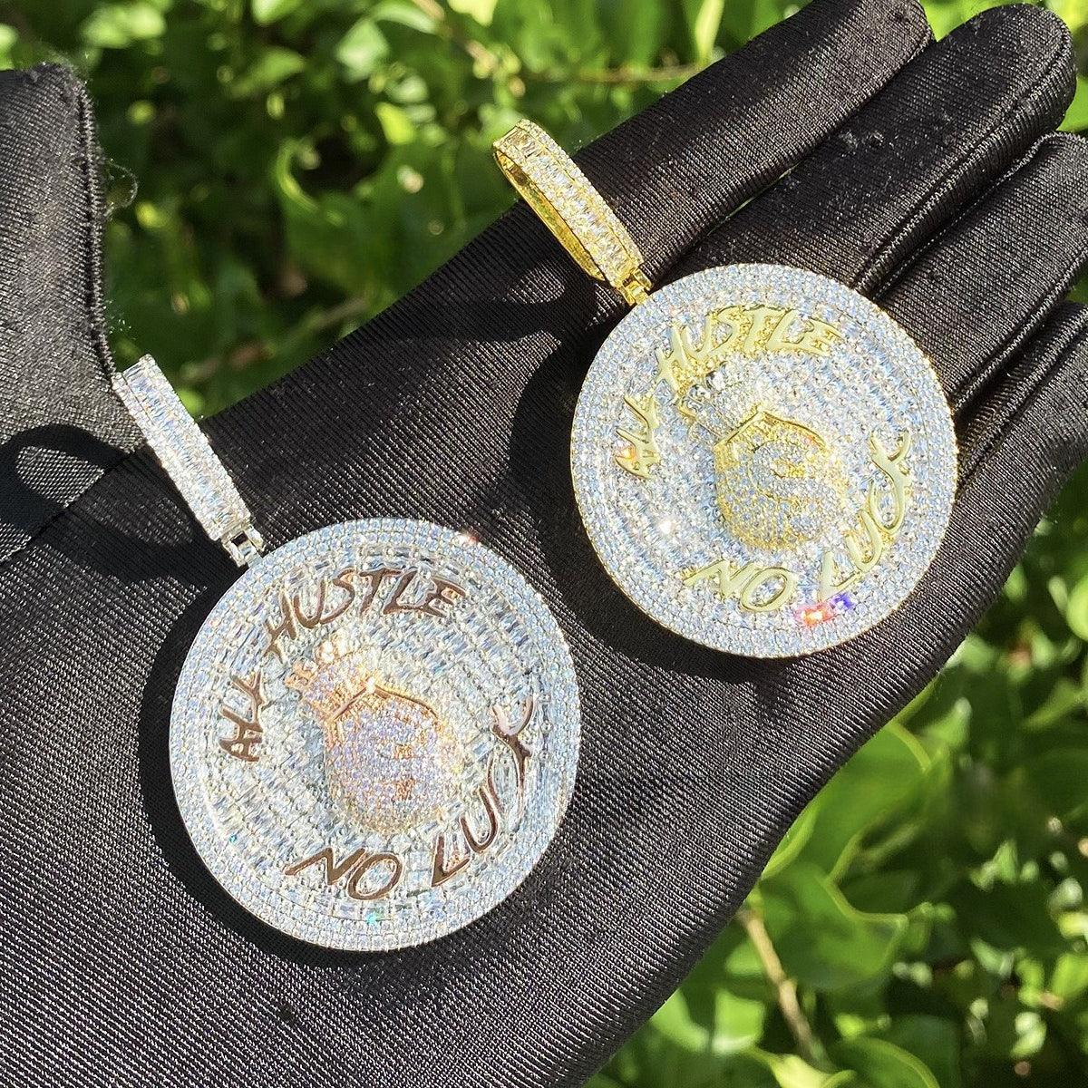 Iced Out "ALL HUSTLE NO LUCK" Medallion | Men's Round Letter Pendant - CaratixJewelry