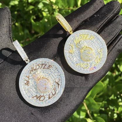 Iced Out "ALL HUSTLE NO LUCK" Medallion | Men's Round Letter Pendant - CaratixJewelry