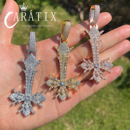 CARÁTIX Bubble Letter Upside Down Cross Pendant Necklace – Copper Hip Hop CZ Iced Out Jewelry for Men & Women